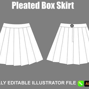 Puede incluir: Diseño de falda plisada blanca. La imagen muestra dos vistas de la falda, delantera y trasera, con cierre de botón. El texto "Pleated Box Skirt" está en la parte superior. La parte inferior de la imagen dice "FULLY EDITABLE ILLUSTRATOR FILE".