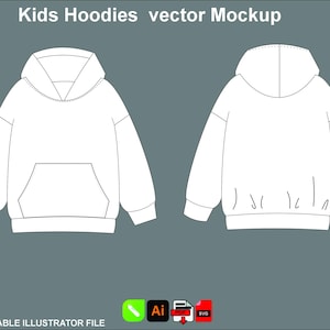 Puede incluir: Maqueta vectorial blanca de una sudadera con capucha para niños, vistas delantera y trasera, con bolsillo de canguro y capucha. La imagen incluye el texto "Kids Hoodies vector Mockup" y "FULL EDITABLE ILLUSTRATOR FILE".