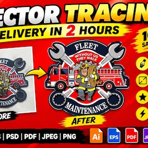 Puede incluir: Un anuncio de servicio de diseño gráfico con una comparación de antes y después de un emblema de bombero. El emblema muestra un camión de bomberos rojo, un bombero con una manguera, llaves inglesas cruzadas y el texto FLEET WITHOUT US THEY WALK MAINTENANCE.