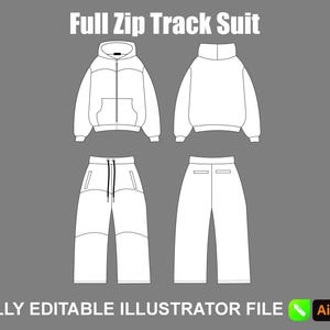 May include: White full zip track suit design with a hoodie and matching pants. The hoodie has a front pocket and a zipper. The pants have a drawstring and pockets. The text "Full Zip Track Suit" is at the top.