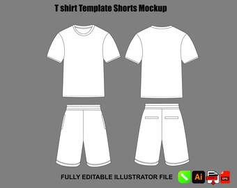 Plantilla vectorial de camiseta y pantalones cortos, ropa urbana, paquete técnico de prendas de vestir, boceto plano, Illustrator, Procreate