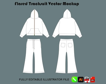 Flared trainingspak Vector mockup hoodie met volledige ritssluiting Tech Pack platte schets bewerkbare AI, png
