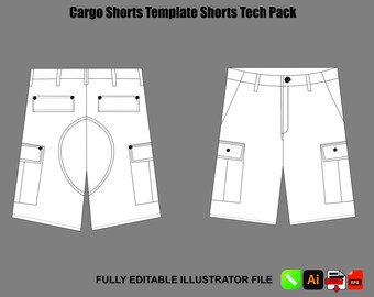 Plantilla vectorial de pantalones cortos cargo, paquete técnico de ropa urbana, boceto plano, maqueta CAD, Illustrator, Procreate
