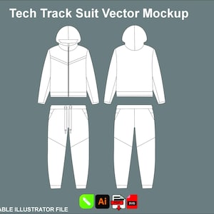 May include: White tech track suit vector mockup. The image shows a front and back view of a jacket and pants set. The jacket has a hood and a zipper. The pants have a drawstring. The text "Tech Track Suit Vector Mockup" is at the top.