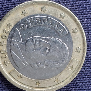 Könnte beinhalten: Eine Ein-Euro-Münze aus Spanien mit einem Porträt und dem Wort "ESPANA". Der äußere Ring der Münze ist goldfarben, mit dem Jahr 2001 und Sternen. Die zentrale silberfarbene Scheibe zeigt ein Profil.