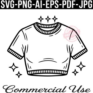 May include: A black and white line art illustration of a short-sleeved crop top with a ribbed crew neckline and hem. The design features small four-pointed star accents surrounding the garment. Text at the top reads SVG-PNG-AI-EPS-PDF-JPG.