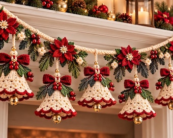May include: A decorative garland featuring five crocheted cream-colored bells with red scalloped edges, each topped with a red bow, green leaves, and red berries. The bells are suspended from a thick, braided cream rope adorned with poinsettias.