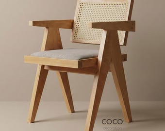 Silla de comedor de ratán, silla inspirada en Pierre Jeanneret, silla de madera de carpe hecha a mano para decoración vintage del hogar.