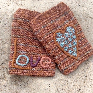 FINGERLESS GLOVES EMBROIDERED,Heart Fingerless Gloves,Hand Knit Fingerless Gloves,Arm Hand Warmers,Love Mom Gift,Mother Day Gift,Hygge Gift image 2