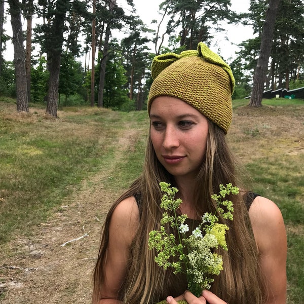 BEANIE BOW HAT, Hand Knit Hat Women, Winter Hat Women, Lime Green Hat, Elegant Hat, Handmade Knit Hat Beanie, Cotton Linen Knit Hat, Unique Hat