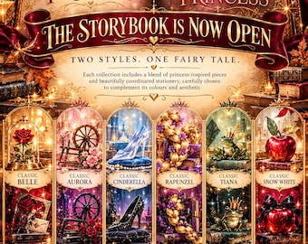 Puede incluir: Un gráfico promocional titulado Classic vs Rebel Princess con el texto The Storybook Is Now Open. Muestra doce viñetas circulares que exhiben objetos como rosas, ruecas, zapatillas de cristal, trenzas, ranas y manzanas.