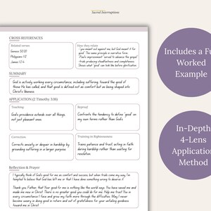 May include: A white study guide page titled Sacred Interruptions featuring sections for Cross References, Summary, and Application. Two purple circles on the right contain the text Includes a Full Worked Example and In-Depth 4-Lens Application Method.