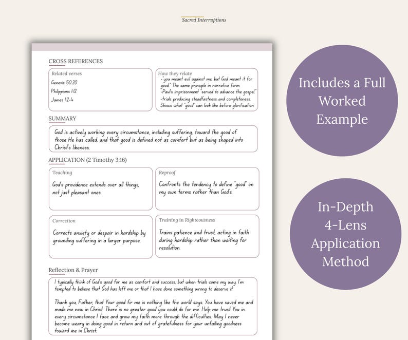 May include: A white study guide page titled Sacred Interruptions featuring sections for Cross References, Summary, and Application. Two purple circles on the right contain the text Includes a Full Worked Example and In-Depth 4-Lens Application Method.