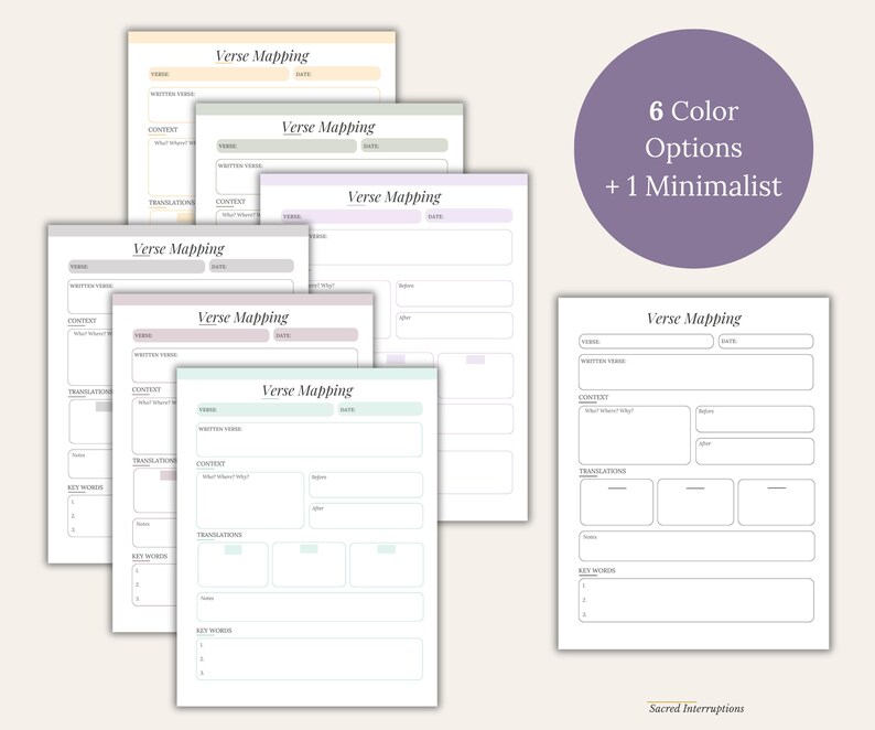 A collection of printable verse mapping sheets featuring various pastel color accents and one black and white version. Each sheet includes fields for verse, date, written verse, context, translations, notes, and key words. Text reads 6 Color Options + 1 Minimalist.