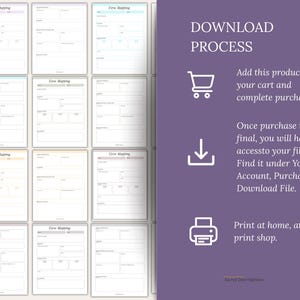 May include: A collection of Verse Mapping printable templates in various pastel colours, displayed alongside a purple panel with white text explaining the download process, including icons for a shopping cart, a download arrow, and a printer.