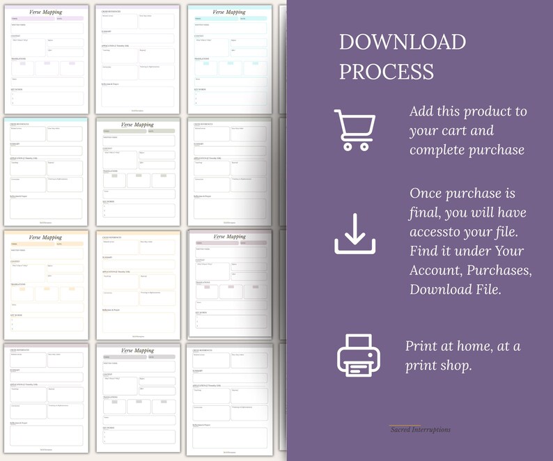 May include: A collection of Verse Mapping printable templates in various pastel colours, displayed alongside a purple panel with white text explaining the download process, including icons for a shopping cart, a download arrow, and a printer.
