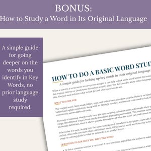 A bonus guide titled How to Do a Basic Word Study, tilted at an angle showing sections on what to look for and questions to ask, beside a purple box with text reading A simple guide for going deeper on the words you identify in Key Words, no prior language study required, under a purple banner reading Bonus: How to Study a Word in Its Original Language.