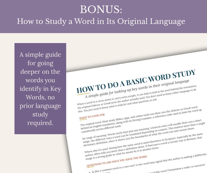 A bonus guide titled How to Do a Basic Word Study, tilted at an angle showing sections on what to look for and questions to ask, beside a purple box with text reading A simple guide for going deeper on the words you identify in Key Words, no prior language study required, under a purple banner reading Bonus: How to Study a Word in Its Original Language.
