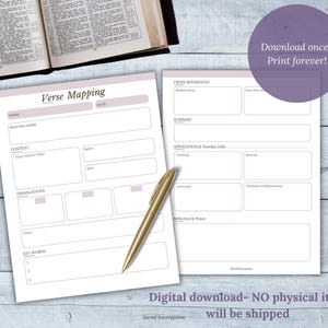Two white paper sheets for verse mapping with light purple headers and borders. The sheets contain sections for written verse, context, translations, notes, keywords, cross references, summary, application, and reflection. A gold pen rests on the left sheet. Purple circle in the upper right corner displaying: Download once. Print forever. At the bottom of the slide, it reads: Digital download. No physical product will be shipped.