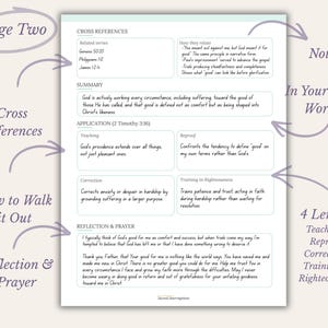 A white study worksheet titled Page Two featuring sections for Cross References, Summary, Application with four lenses including Teaching, Reproof, Correction, and Training in Righteousness, and a Reflection and Prayer section with text.