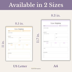 May include: Two Verse Mapping templates labelled US Letter and A4. The US Letter sheet measures 8.5 in. by 11 in. with orange accents. The A4 sheet measures 8.3 in. by 11.7 in. with purple accents. Both feature sections for Verse, Date, Context, Translations, and Key Words.