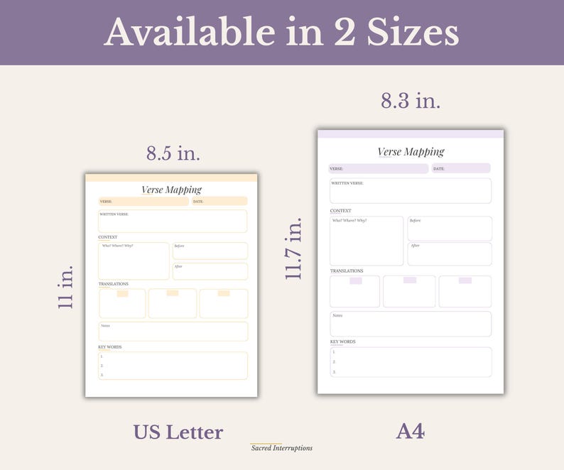 May include: Two Verse Mapping templates labelled US Letter and A4. The US Letter sheet measures 8.5 in. by 11 in. with orange accents. The A4 sheet measures 8.3 in. by 11.7 in. with purple accents. Both feature sections for Verse, Date, Context, Translations, and Key Words.