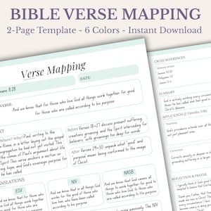 Könnte beinhalten: Eine zweiseitige Vorlage für das Bibelvers-Mapping mit Abschnitten für Vers, Kontext, Übersetzungen, Querverweise, Zusammenfassung, Anwendung und Reflexion. Das Dokument enthält den Text BIBLE VERSE MAPPING, 2-Page Template, 6 Colors, Instant Download.