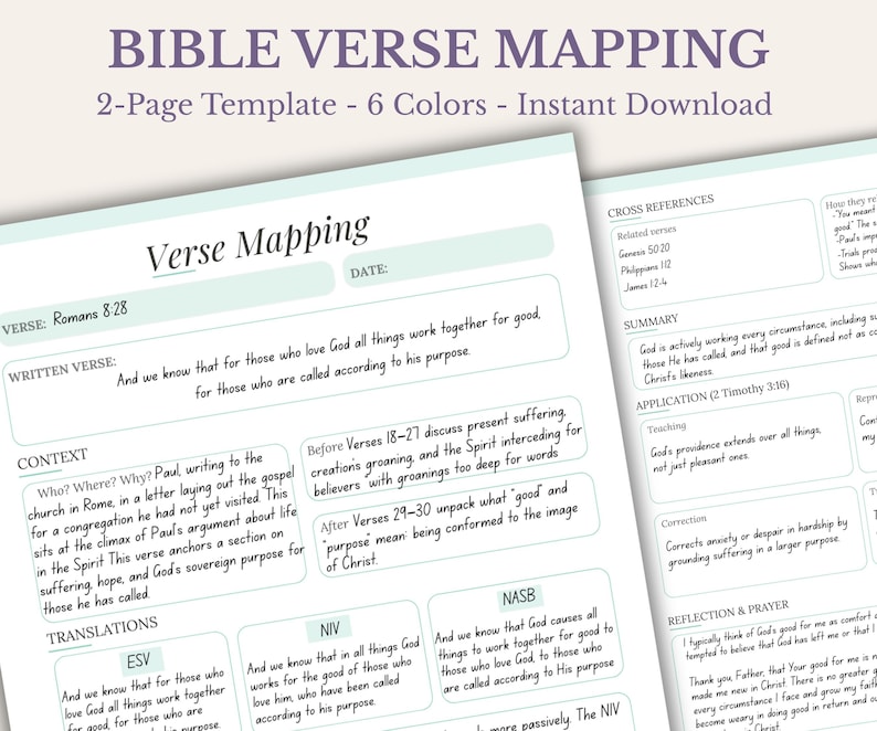 A two-page Bible verse mapping template featuring sections for verse, context, translations, cross-references, summary, application, and reflection. The document includes the text BIBLE VERSE MAPPING, 2-Page Template, 6 Colors, and Instant Download.