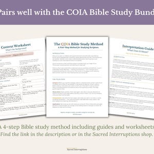 Three white paper sheets featuring the COIA Bible Study Method. The left sheet is a Context Worksheet on Philippians 4:10-13, the center is the Four-Step Method guide, and the right is an Interpretation Guide. All pages contain black text and headings.