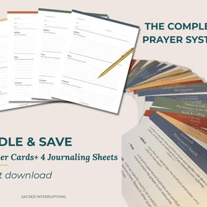 May include: A set of 30 prayer cards and 4 journaling sheets titled The Complete Prayer System. The journaling sheets feature lined sections for reflection, prayer, and commitment, accompanied by a gold pen. The cards are color-coded and stacked.