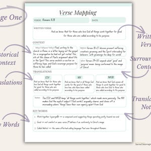 A white Verse Mapping worksheet featuring sections for Verse, Date, Written Verse, Context, Translations, Notes, and Key Words. The page includes handwritten text analyzing Romans 8:28, with purple arrows and labels pointing to each section.