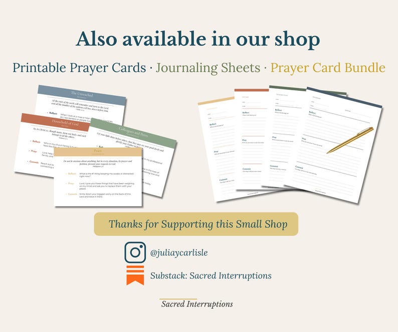 May include: A collection of printable prayer cards and journaling sheets featuring text headers like The Unreached, Household of God, and Colleague and Form. The set includes lined paper with sections for Reflect, Pray, and Commit, alongside a gold pen.