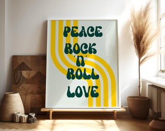 Arte mural de rock and roll, impresión de paz y amor, póster tipográfico retro, decoración musical para dormitorio, arte moderno, descarga digital
