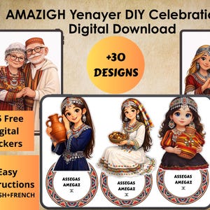 Puede incluir: Descarga digital de un kit de celebración Amazigh Yenayer DIY. La imagen muestra ilustraciones de personas con vestimenta tradicional, con el texto "+30 Designs", "+25 pegatinas digitales gratis" e "Instrucciones fáciles INGLÉS+FRANCÉS".