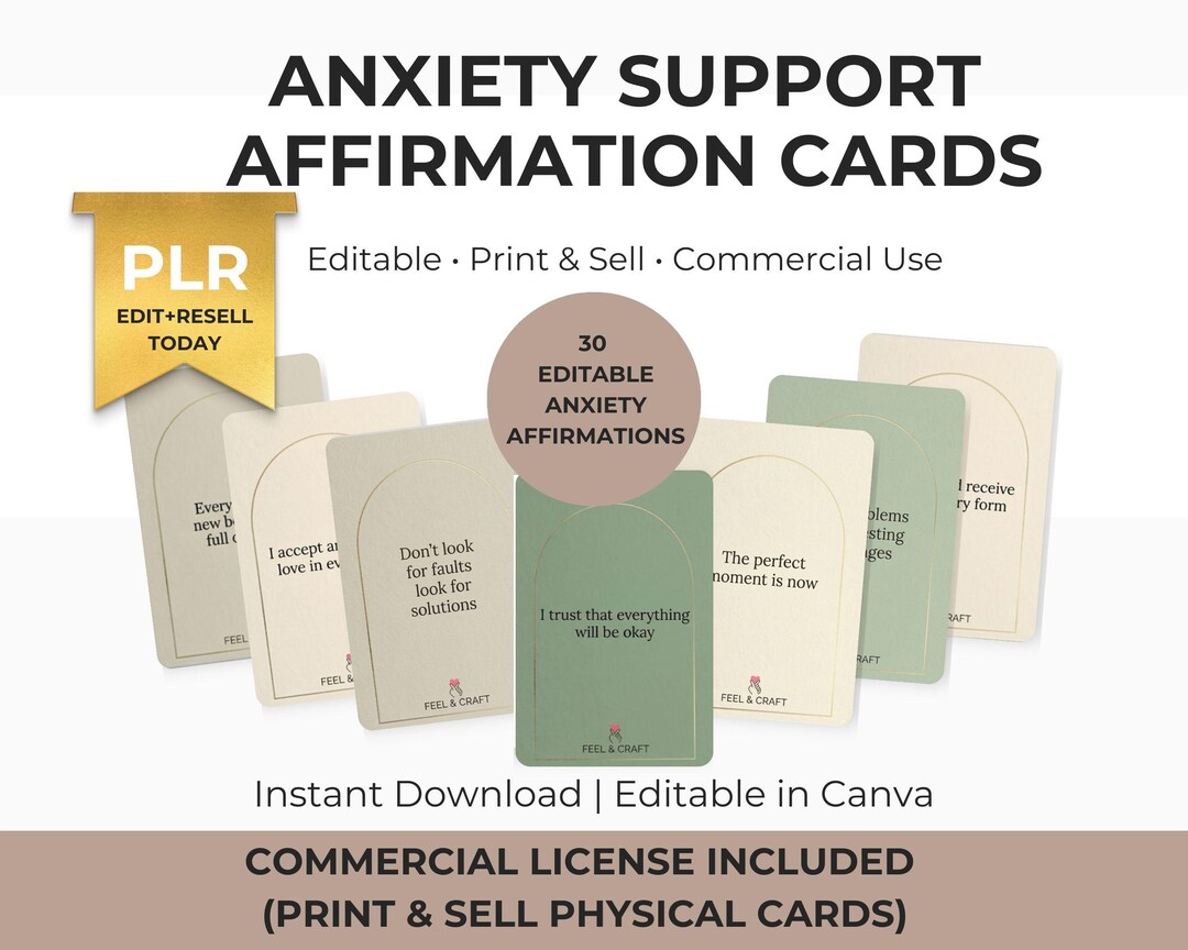 PLR Anxiety Affirmation Cards Canva Template | Editable Self Care Cards ...