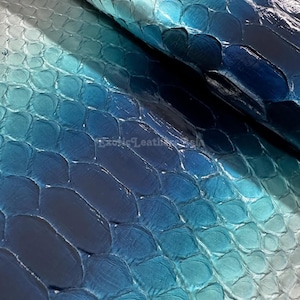 Può includere: Primo piano di un pezzo di pelle con un motivo a scaglie. La pelle passa dall'azzurro al blu scuro, con una finitura lucida. Il testo "Exotic Leather Asia" è visibile nell'angolo in basso a destra.