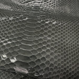 Può includere: Primo piano di un foglio di pelle di serpente grigio scuro. La pelle presenta un motivo squamoso strutturato con una finitura lucida. Le squame variano per dimensioni e forma, creando un aspetto naturale e organico. L'immagine è ben illuminata, evidenziando i dettagli della pelle.
