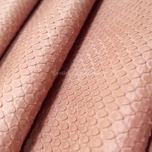 Può includere: Primo piano di un pezzo piegato di pelle di serpente rosa. La pelle ha una consistenza squamosa con un motivo ripetuto. Le squame sono piccole e ravvicinate. La pelle appare morbida e flessibile.