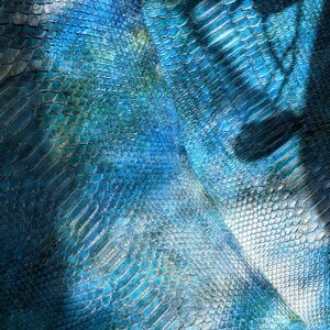 Può includere: Primo piano di un materiale in pelle blu strutturato con un motivo a scaglie. La pelle presenta una sfumatura di blu, con tonalità più scure nelle ombre e blu più chiari e brillanti nelle luci. Il materiale sembra essere piegato.