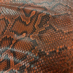 Può includere: Primo piano di un pezzo di pelle con motivo a pelle di serpente. La pelle presenta un mix di squame arancioni, marroni e nere. La trama è dettagliata, con singole squame visibili. L'aspetto generale suggerisce un materiale di alta qualità.
