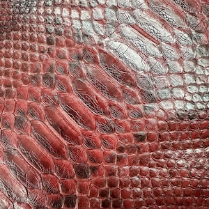 May include: Close-up of a textured surface with a reptile skin pattern. The colour palette features shades of red, burgundy, and black, creating a visually striking and detailed design. The pattern is reminiscent of snake or crocodile skin.