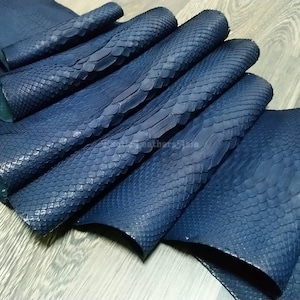 Può includere: Primo piano di diversi fogli di pelle di serpente blu navy. La pelle ha un motivo strutturato e squamoso ed è ripiegata su se stessa. L'immagine è ben illuminata, evidenziando il colore e la consistenza del materiale. La pelle sembra di alta qualità.