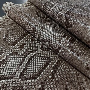 May include: Close-up of rolled snakeskin leather. The leather has a pattern of brown, tan, and white scales. The texture is visible, showing the natural markings and variations of the material. The snakeskin is likely used for crafting.