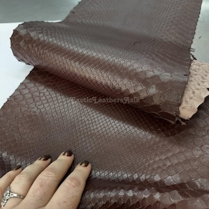 Peut inclure: Une pièce de cuir de peau de serpent marron avec un motif d'écailles. Le cuir est d'un brun foncé riche et a une surface texturée. L'image montre le cuir plié, révélant le dessous. Le texte "Exotic Leathers Asia" est visible.