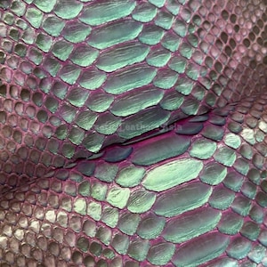 May include: Close-up of iridescent snake skin with a textured, scaled pattern. The scales transition from a deep purple to a teal green, creating a shimmering effect. The image highlights the natural texture and color variations of the reptile skin.