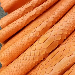Puede incluir: Primer plano de varias hojas de cuero de piel de serpiente de color naranja. El cuero tiene un patrón texturizado y escamoso, y las hojas están dispuestas en una disposición en capas y diagonal. El color es un naranja cálido y vibrante.