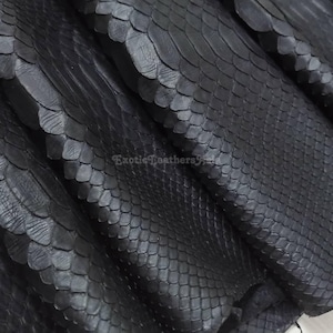 Puede incluir: Primer plano de piel de serpiente negra con un patrón texturizado y escamoso. La imagen muestra las variaciones naturales de textura y color del cuero. El texto "ExoticLeathers9" es visible en la esquina inferior derecha.
