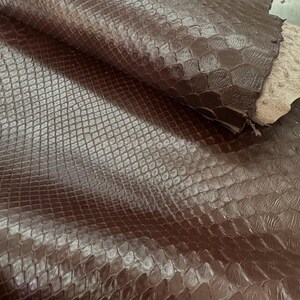 Può includere: Primo piano di un foglio di pelle marrone con un motivo a squame di rettile. La pelle è piegata, rivelando un lato inferiore di colore più chiaro. La trama è dettagliata, con un aspetto naturale e organico.