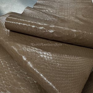 Peut inclure: Gros plan sur une feuille de cuir marron texturé avec un motif d'écailles de reptile. Le cuir est plié et roulé, révélant le dessous. Le texte "Exotic Leathers Asia" est visible dans le coin inférieur droit.
