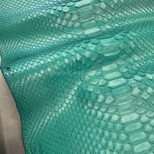 May include: Close-up of a teal-colored snakeskin leather with a textured, scaled pattern. The leather has a glossy finish and a natural, organic appearance. The scales vary in size and shape, creating a unique and visually appealing texture.